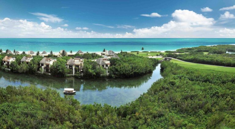 Fairmont Mayakoba Golf Course is one of the Mayakoba golf resorts with view over course beach and hotel