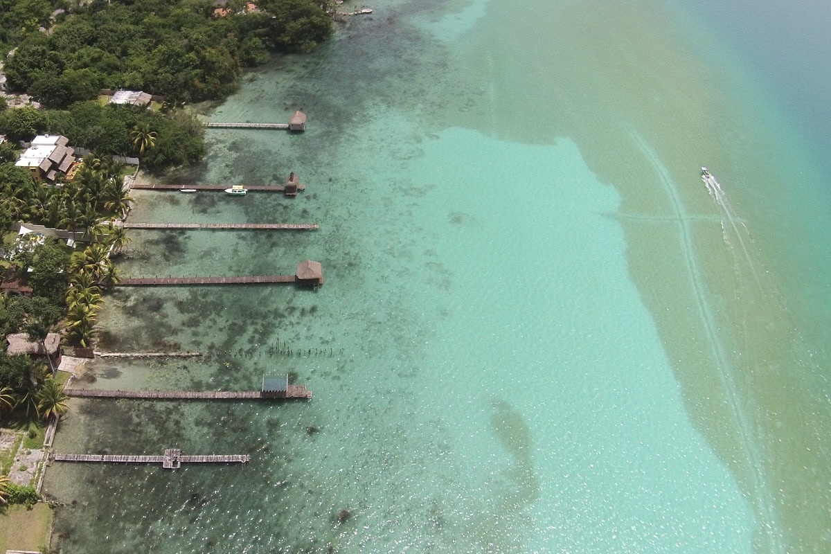 Aerial drone view of Bacalar’s seven-color lagoon. Photo Carlos Rosado van der Gracht